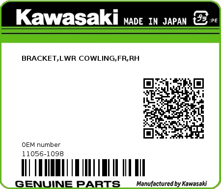 Product image: Kawasaki - 11056-1098 - BRACKET,LWR COWLING,FR,RH  0