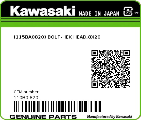 Product image: Kawasaki - 110B0-820 - (115BA0820) BOLT-HEX HEAD,8X20  0
