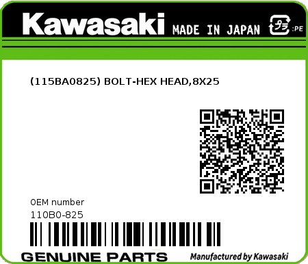 Product image: Kawasaki - 110B0-825 - (115BA0825) BOLT-HEX HEAD,8X25 