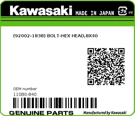 Product image: Kawasaki - 110B0-840 - (92002-1838) BOLT-HEX HEAD,8X40 