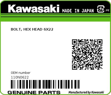 Product image: Kawasaki - 110N0622 - BOLT, HEX HEAD 6X22 