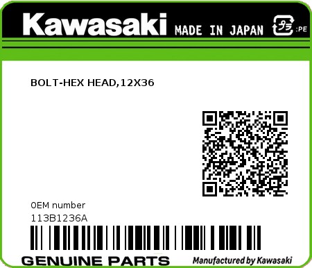 Product image: Kawasaki - 113B1236A - BOLT-HEX HEAD,12X36 