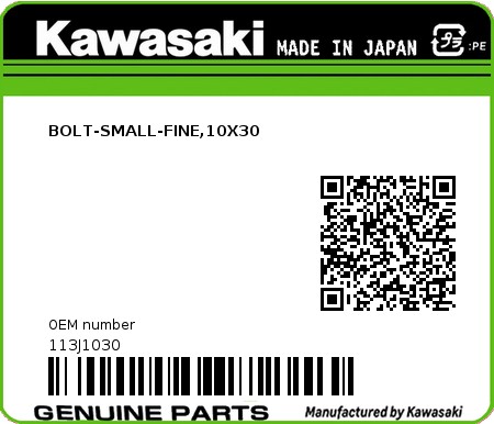 Product image: Kawasaki - 113J1030 - BOLT-SMALL-FINE,10X30 