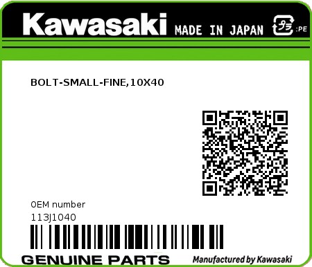 Product image: Kawasaki - 113J1040 - BOLT-SMALL-FINE,10X40 