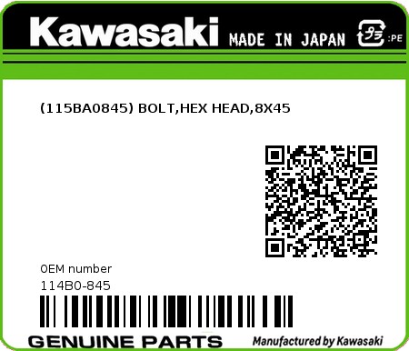 Product image: Kawasaki - 114B0-845 - (115BA0845) BOLT,HEX HEAD,8X45 