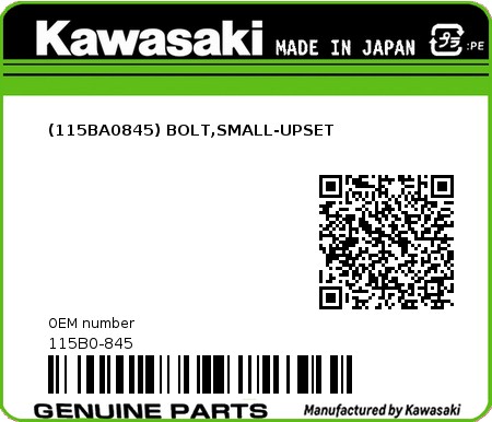 Product image: Kawasaki - 115B0-845 - (115BA0845) BOLT,SMALL-UPSET 