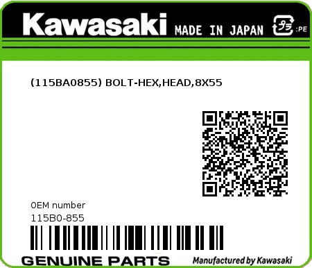 Product image: Kawasaki - 115B0-855 - (115BA0855) BOLT-HEX,HEAD,8X55  0