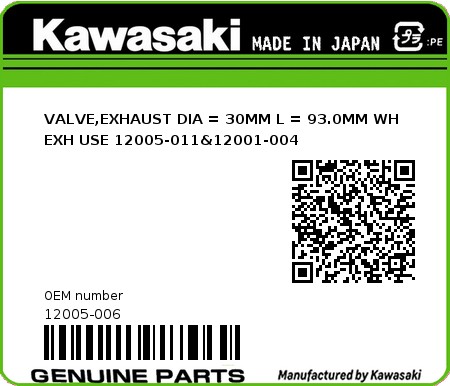 Product image: Kawasaki - 12005-006 - VALVE,EXHAUST DIA = 30MM L = 93.0MM WH EXH USE 12005-011&12001-004 