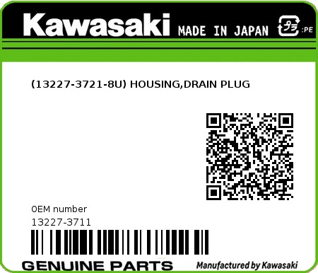 Product image: Kawasaki - 13227-3711 - (13227-3721-8U) HOUSING,DRAIN PLUG  0