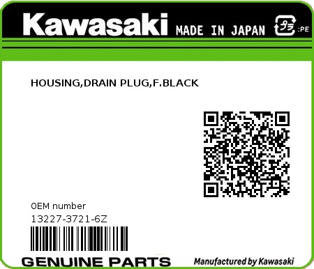 Product image: Kawasaki - 13227-3721-6Z - HOUSING,DRAIN PLUG,F.BLACK 