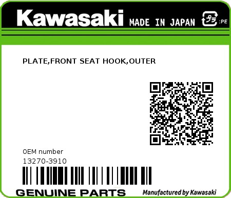 Product image: Kawasaki - 13270-3910 - PLATE,FRONT SEAT HOOK,OUTER  0