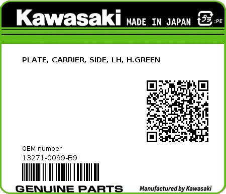 Product image: Kawasaki - 13271-0099-B9 - PLATE, CARRIER, SIDE, LH, H.GREEN 