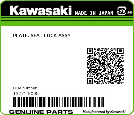 Product image: Kawasaki - 13271-S005 - PLATE, SEAT LOCK ASSY 