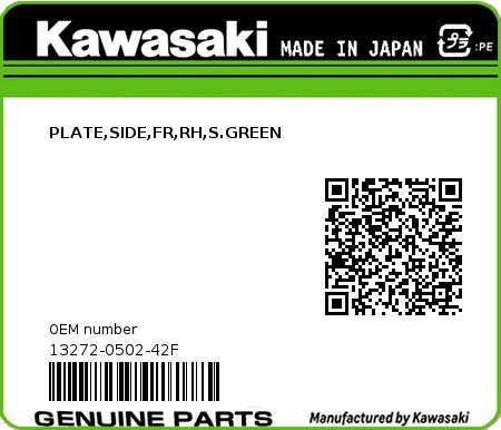 Product image: Kawasaki - 13272-0502-42F - PLATE,SIDE,FR,RH,S.GREEN 