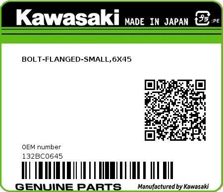 Product image: Kawasaki - 132BC0645 - BOLT-FLANGED-SMALL,6X45 