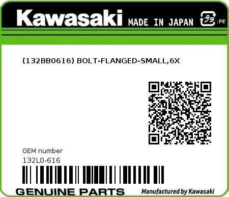 Product image: Kawasaki - 132L0-616 - (132BB0616) BOLT-FLANGED-SMALL,6X  0