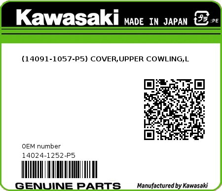 Product image: Kawasaki - 14024-1252-P5 - (14091-1057-P5) COVER,UPPER COWLING,L  0