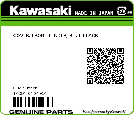 Product image: Kawasaki - 14091-0104-6Z - COVER, FRONT FENDER, RH, F.BLACK  0
