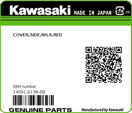 Product image: Kawasaki - 14091-0138-6B - COVER,SIDE,RH,S.RED 