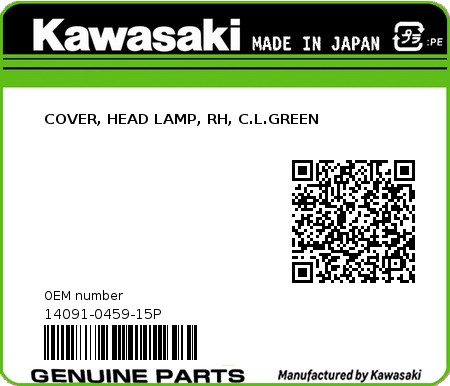 Product image: Kawasaki - 14091-0459-15P - COVER, HEAD LAMP, RH, C.L.GREEN  0