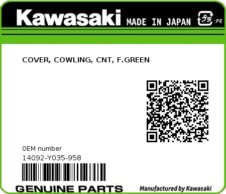 Product image: Kawasaki - 14092-Y035-958 - COVER, COWLING, CNT, F.GREEN  0