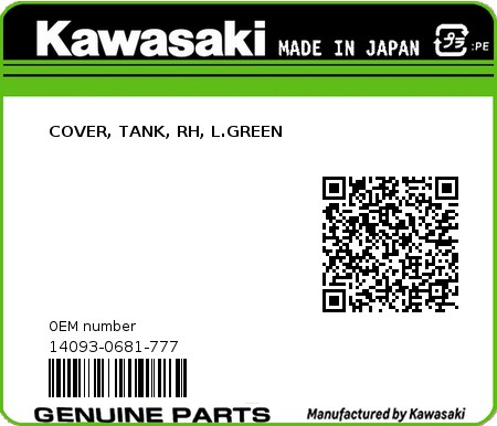 Product image: Kawasaki - 14093-0681-777 - COVER, TANK, RH, L.GREEN  0
