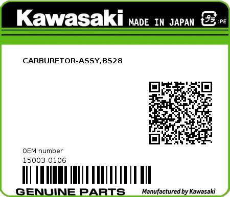 Product image: Kawasaki - 15003-0106 - CARBURETOR-ASSY,BS28  0