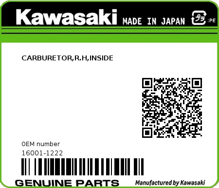 Product image: Kawasaki - 16001-1222 - CARBURETOR,R.H,INSIDE  0