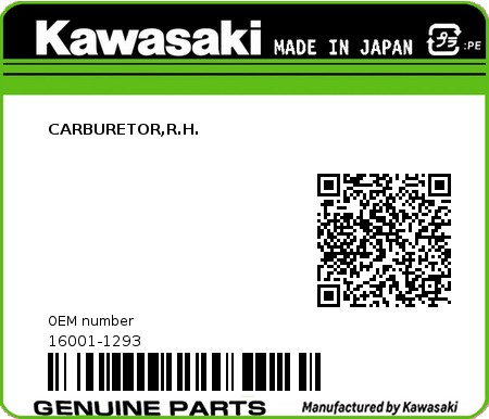 Product image: Kawasaki - 16001-1293 - CARBURETOR,R.H.  0