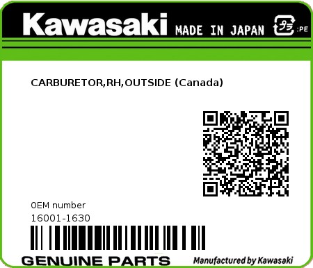 Product image: Kawasaki - 16001-1630 - CARBURETOR,RH,OUTSIDE (Canada)  0