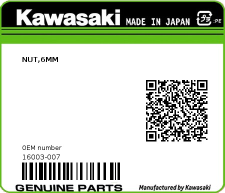 Product image: Kawasaki - 16003-007 - NUT,6MM  0