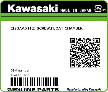Product image: Kawasaki - 16033-027 - (223AA0412) SCREW,FLOAT CHAMBER  0