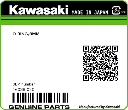 Product image: Kawasaki - 16038-020 - O RING,8MM  0