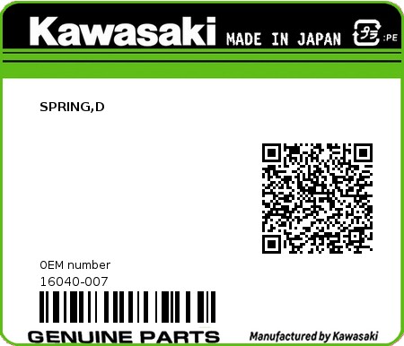 Product image: Kawasaki - 16040-007 - SPRING,D  0