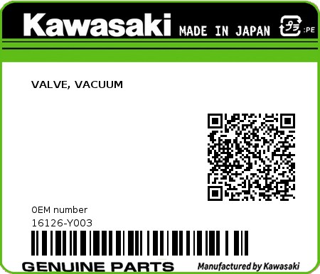 Product image: Kawasaki - 16126-Y003 - VALVE, VACUUM 