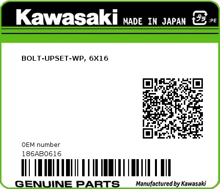 Product image: Kawasaki - 186AB0616 - BOLT-UPSET-WP, 6X16 