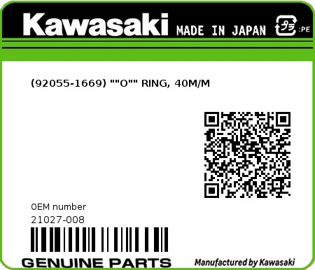 Product image: Kawasaki - 21027-008 - (92055-1669) ""O"" RING, 40M/M 