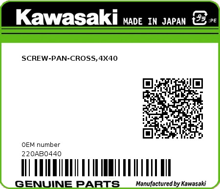 Product image: Kawasaki - 220AB0440 - SCREW-PAN-CROSS,4X40  0