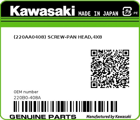 Product image: Kawasaki - 220B0-408A - (220AA0408) SCREW-PAN HEAD,4X8 