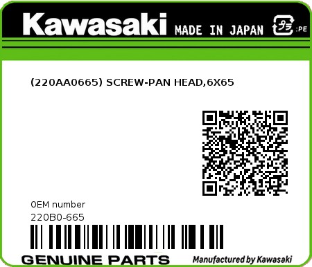 Product image: Kawasaki - 220B0-665 - (220AA0665) SCREW-PAN HEAD,6X65 