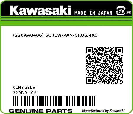 Product image: Kawasaki - 220D0-406 - (220AA0406) SCREW-PAN-CROS,4X6  0