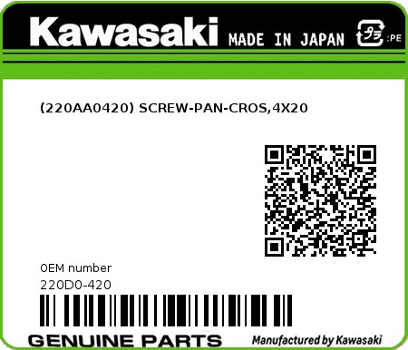 Product image: Kawasaki - 220D0-420 - (220AA0420) SCREW-PAN-CROS,4X20  0