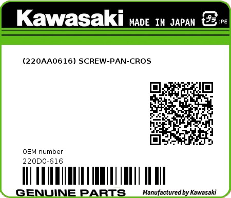 Product image: Kawasaki - 220D0-616 - (220AA0616) SCREW-PAN-CROS  0