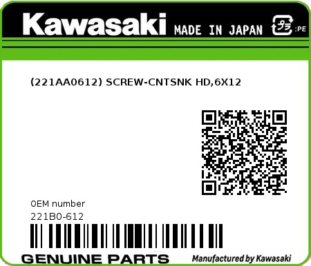 Product image: Kawasaki - 221B0-612 - (221AA0612) SCREW-CNTSNK HD,6X12 