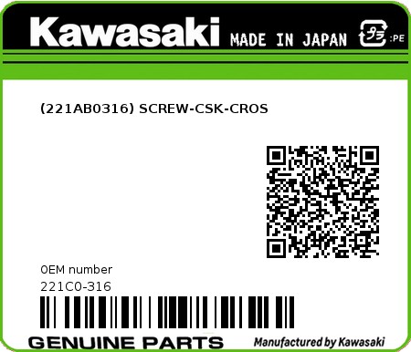 Product image: Kawasaki - 221C0-316 - (221AB0316) SCREW-CSK-CROS 