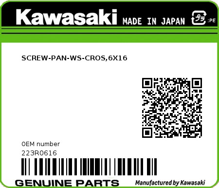 Product image: Kawasaki - 223R0616 - SCREW-PAN-WS-CROS,6X16  0