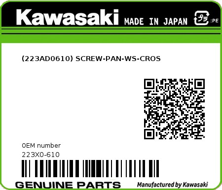 Product image: Kawasaki - 223X0-610 - (223AD0610) SCREW-PAN-WS-CROS 