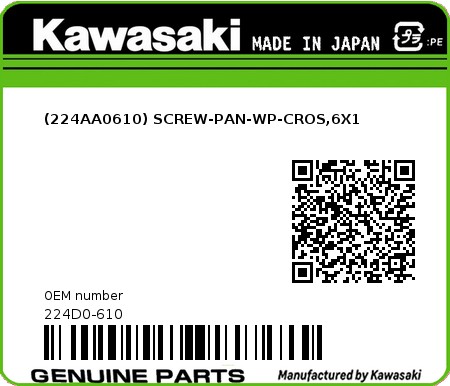 Product image: Kawasaki - 224D0-610 - (224AA0610) SCREW-PAN-WP-CROS,6X1  0