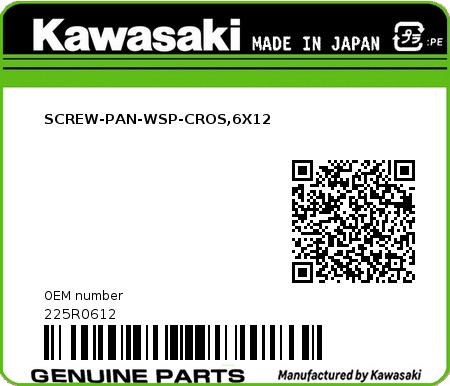Product image: Kawasaki - 225R0612 - SCREW-PAN-WSP-CROS,6X12  0