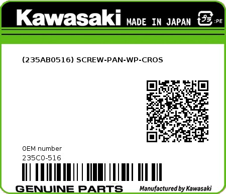 Product image: Kawasaki - 235C0-516 - (235AB0516) SCREW-PAN-WP-CROS 